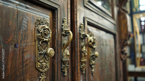 Vintage wood cabinet doors featuring ornate golden metal handles, showcased in a market display