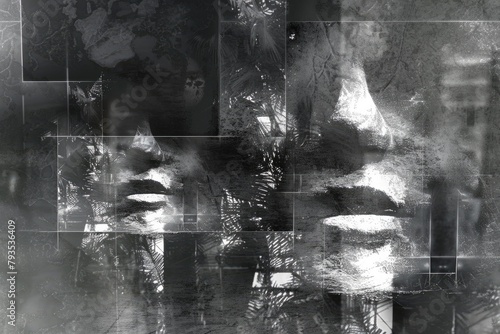 a collage of fragmented faces, overlaid with textural elements that give it an abstract and enigmatic quality in grayscale tones