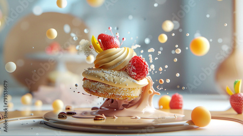 Food levitation concept. Strawberry Whipped cream cake on table background with Generative Ai. © yayha