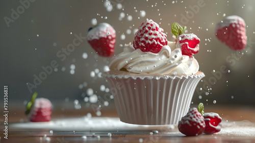 Dessert food levitation concept. White whipped cream cake on table background with Generative Ai. © yayha