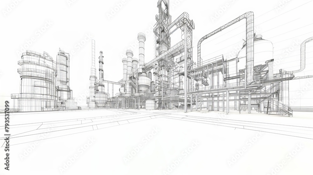 Sketch of industrial equipment rendered in wire-frame style with separated layers of visible and invisible lines.