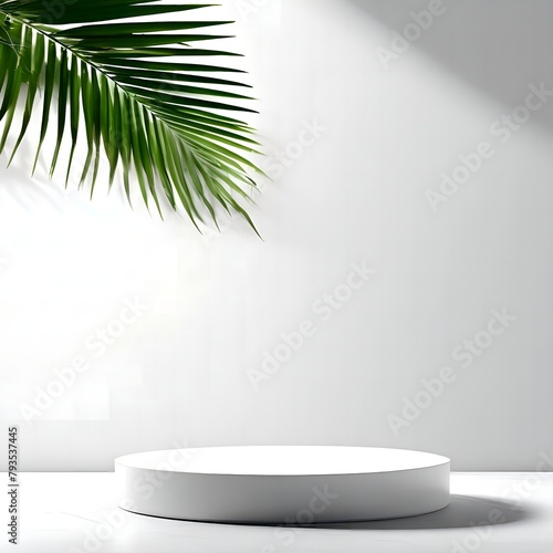 A round podium for demonstration with an empty middle in white tones, a lot of light and shadow, a palm leaf hanging from above