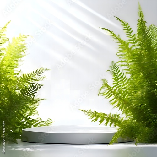 A round podium for demonstration with an empty middle in white tones, a lot of light and shadow, fern leaves on the sides
