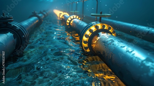 Underwater natural gas or oil pipelines  illuminated by light rays  feature a valve on the seabed in a 3D illustration.