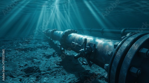 Underwater natural gas or oil pipelines, illuminated by light rays, feature a valve on the seabed in a 3D illustration.