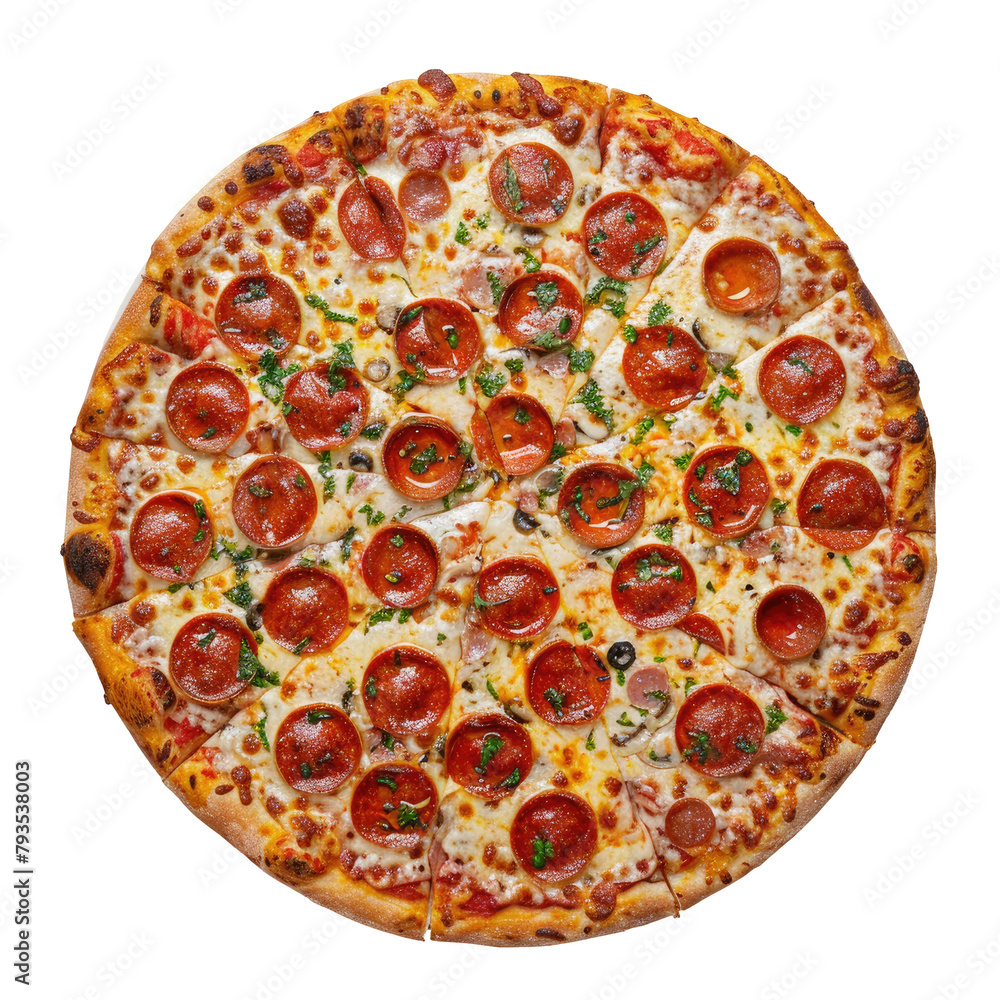 A delicious pizza showcased against a clean transparent background with a transparent background A delicious pizza showcased against a clean transparent background with a transparent background
