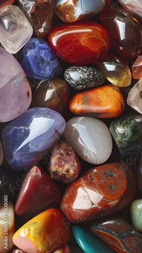 A variety of polished, colorful gemstones closely packed together