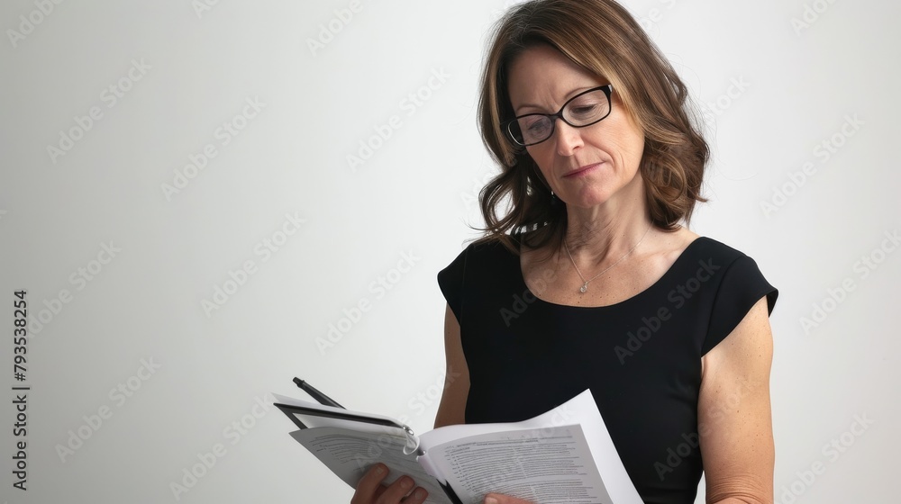 A female executive in a sleek black dress, holding glasses and reading a financial report, against a stark white background, styled as an in-depth analysis shot. A female executive in a sleek black dress, holding glasses and reading a financial report, against a stark white background, styled as an in-depth analysis shot.