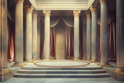 Spacious room featuring grand Roman columns and elegant curtains photo