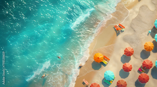 A beach scene with many umbrellas and people in the water. Scene is relaxed and fun