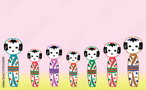 かわいい笑顔のこけし人形淡い背景
