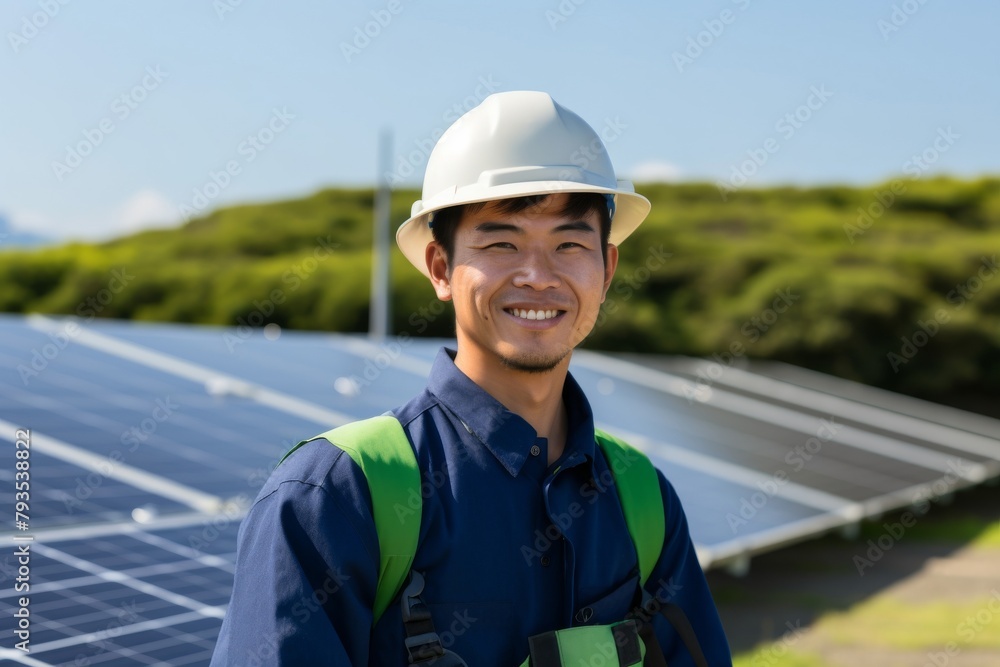 smiling electronic engineer, adorned in green safety attire and helmet, stands confidently beside solar panels to advancing renewable technologies. smiling electronic engineer, adorned in green safety attire and helmet, stands confidently beside solar panels to advancing renewable technologies.