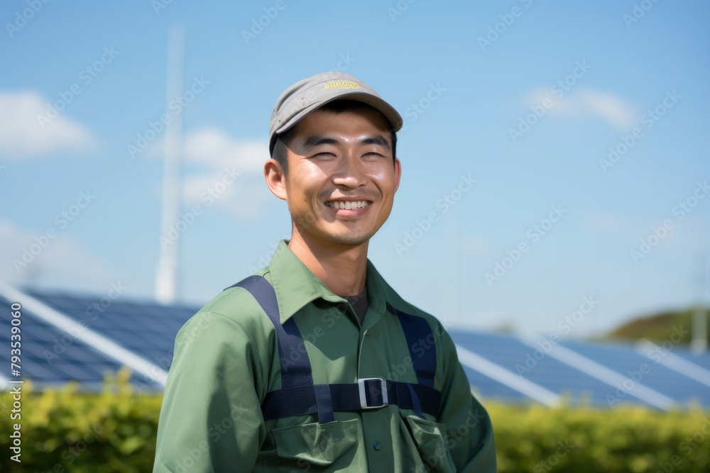 smiling electronic engineer, adorned in green safety attire and helmet, stands confidently beside solar panels to advancing renewable technologies. smiling electronic engineer, adorned in green safety attire and helmet, stands confidently beside solar panels to advancing renewable technologies.