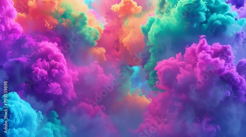 Abstract background of vibrant clouds made of colorful smoke in a dreamy sky.