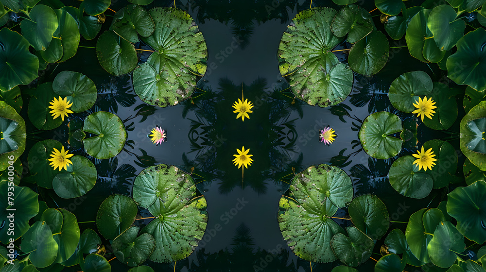 A close up of a pond with many lily pads and flowers. The image has a peaceful and calming mood A close up of a pond with many lily pads and flowers. The image has a peaceful and calming mood
