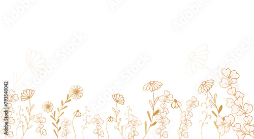 Luxury floral gold wallpaper. Elegant botanical pale pink wildflowers, grass decor background. Design illustration for decorative, wedding cards, home decor, packaging, print, cover, banner.
