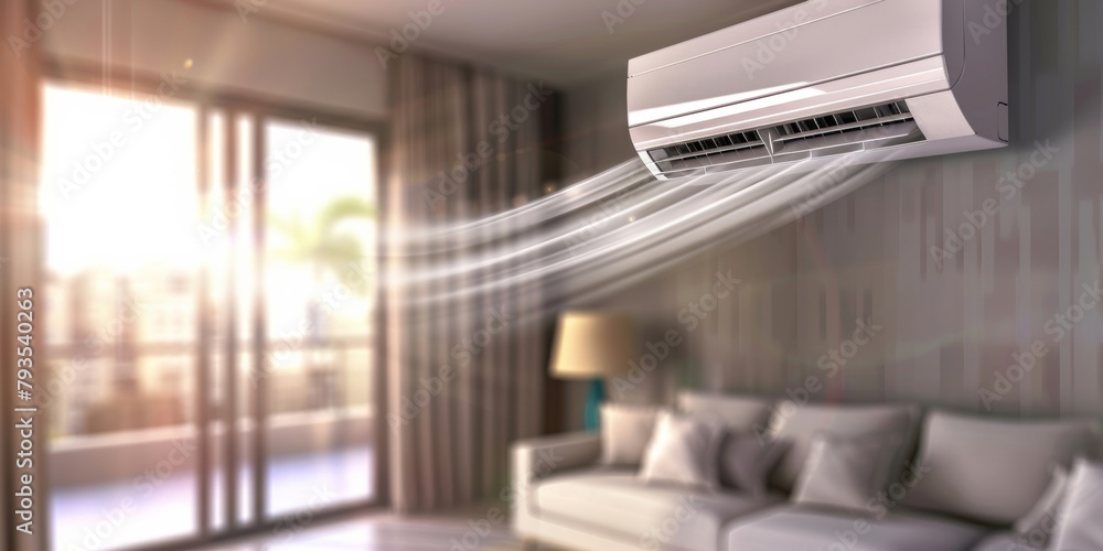 A contemporary living room with an active air conditioner unit, furniture, and sunlight. A contemporary living room with an active air conditioner unit, furniture, and sunlight.