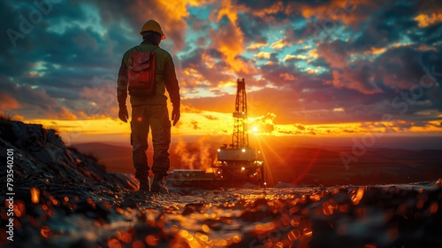 Silhouette of a petroleum engineer inspecting the oil pump derrick at sunset,  industrial operations. Management concept of industry and production photo