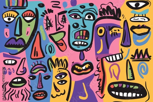 Cartoon cute doodles of abstract faces expressing a range of emotions through bold strokes and vivid colors  Generative AI