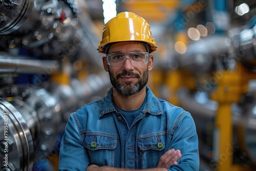 expert consultant standing in middle industrial machinery inside a bright factory