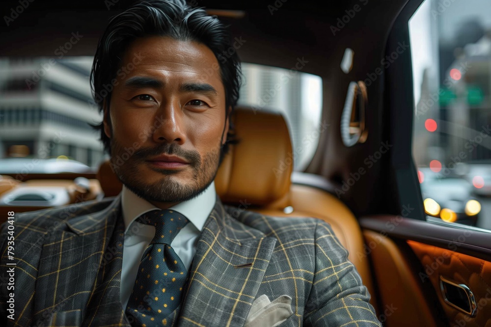 in the heart of the city, the businessman is captured sitting in the back seat of his luxury car, surrounded by skyscrapers and urban hustle in the heart of the city, the businessman is captured sitting in the back seat of his luxury car, surrounded by skyscrapers and urban hustle
