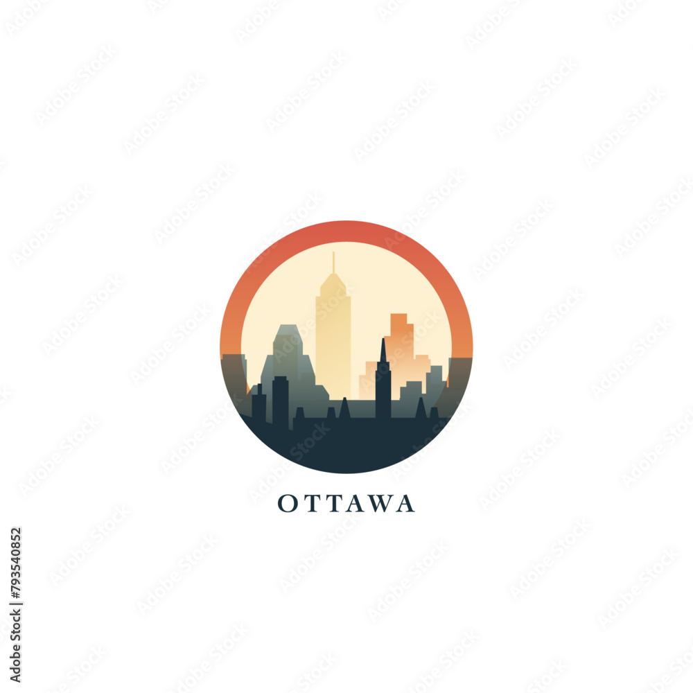 Ottawa cityscape, gradient vector badge, flat skyline logo, icon. Canada, Ontario province city round emblem idea with landmarks and building silhouettes. Isolated graphic