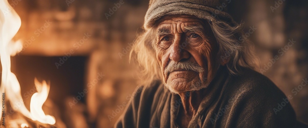 an elderly man sitting by a fire