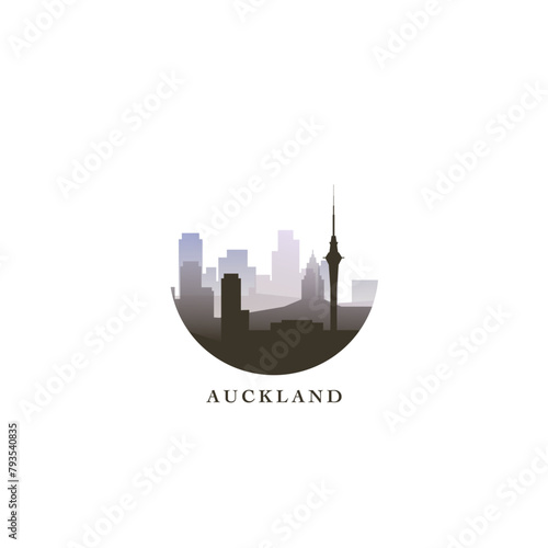 Auckland cityscape, gradient vector badge, flat skyline logo, icon. New Zealand city round emblem idea with landmarks and building silhouettes. Isolated graphic