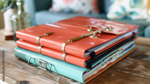A close-up of colorful photo albums stacked neatly on a rustic wooden table, with a cozy background. photo