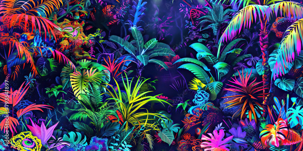 The Electric Jungle: The Neon Flora and Fauna - Imagine neon-colored plants and animals in a vibrant, electric jungle, symbolizing the heightened sensory perception and vivid imagery The Electric Jungle: The Neon Flora and Fauna - Imagine neon-colored plants and animals in a vibrant, electric jungle, symbolizing the heightened sensory perception and vivid imagery
