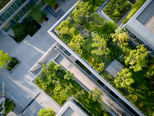A green roof with trees and plants on top of a building. The roof is covered in vegetation and he is a part of a larger green space