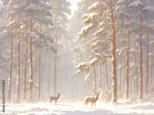 A serene winter landscape with snow-covered mountains, evergreen trees, and a small stream flowing through the valley at dusk.