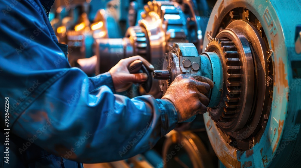 Close-up view of an engineer's skilled hands as they conduct maintenance on large machinery, exemplifying precision and dedication in their work. Close-up view of an engineer's skilled hands as they conduct maintenance on large machinery, exemplifying precision and dedication in their work.