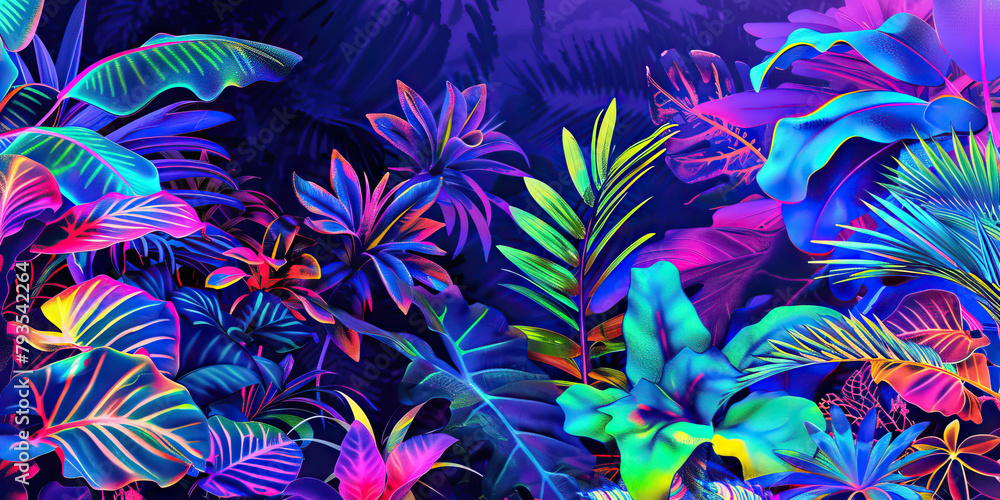 The Electric Jungle: The Neon Flora and Fauna - Imagine neon-colored plants and animals in a vibrant, electric jungle, symbolizing the heightened sensory perception and vivid imagery - obrazy, fototapety, plakaty 