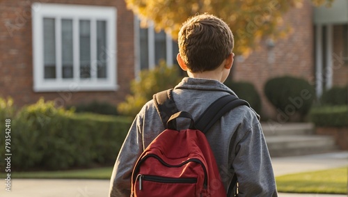 A boy with a backpack walking to school