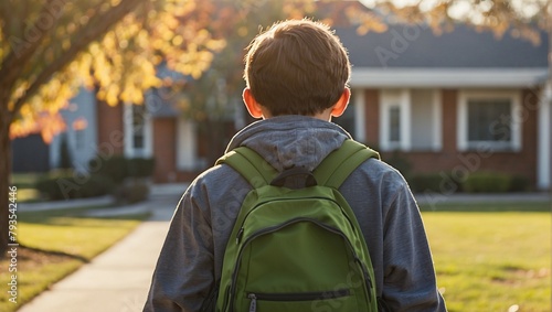 A boy with a backpack walking to school