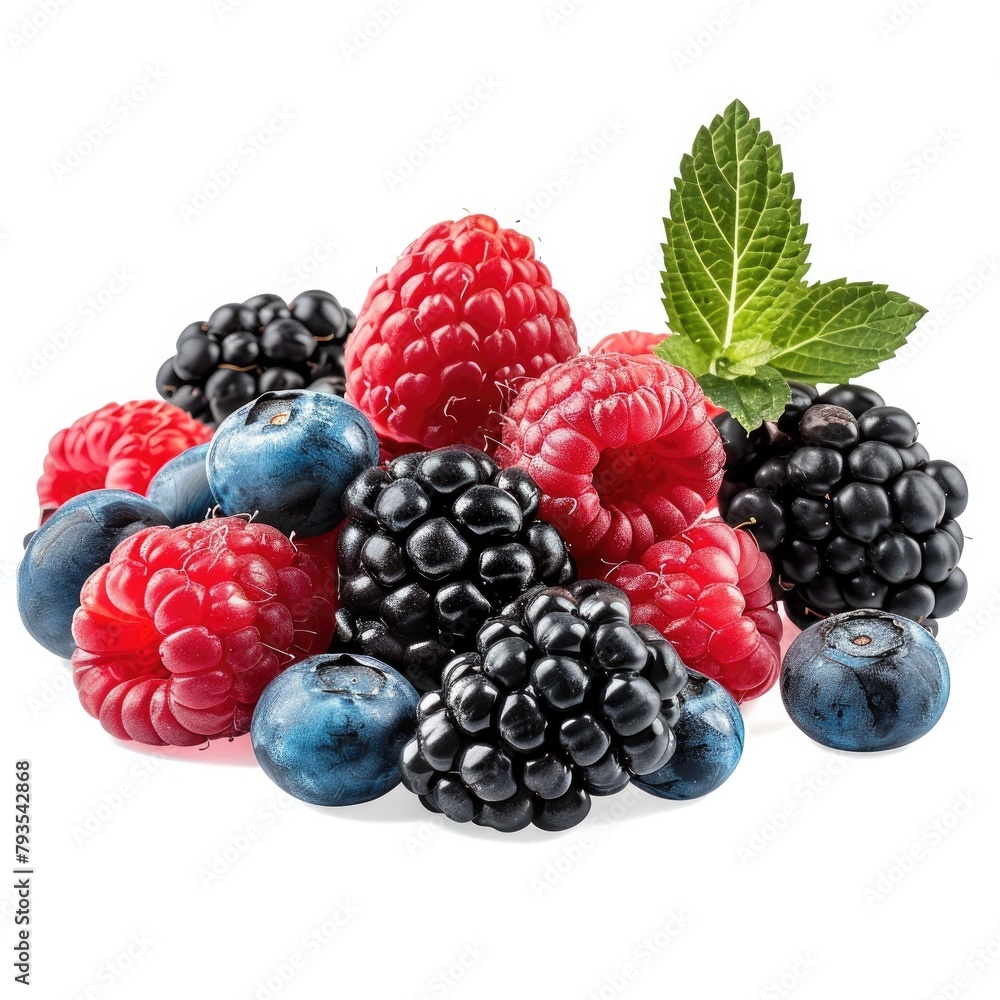 Mix berries with leaf on isolate white background Mix berries with leaf on isolate white background