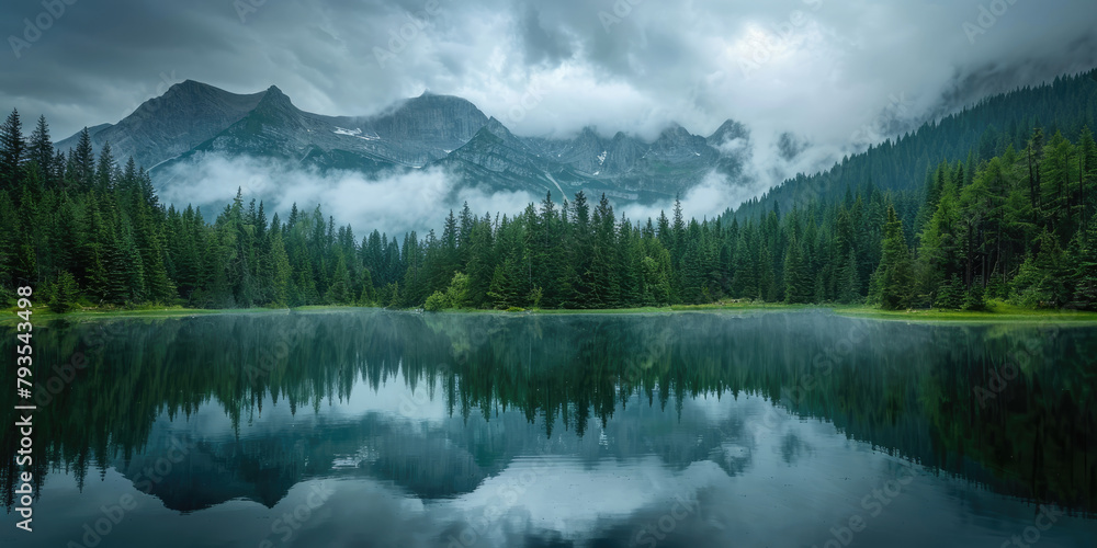 Lake nestled amidst mountains and forests in morning fog