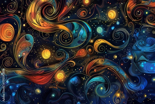 Cartoon cute doodles of cosmic swirls and galaxies merging in a celestial dance, Generative AI