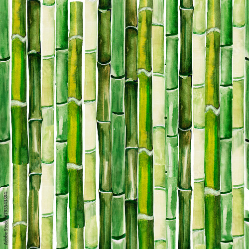 Bamboo watercolor background from stems in green shades, lush jungle grass.Vertical arrangement, natural minimalist style, East Asian theme,wallpaper or print for fabric, paper, interior decor, dishes