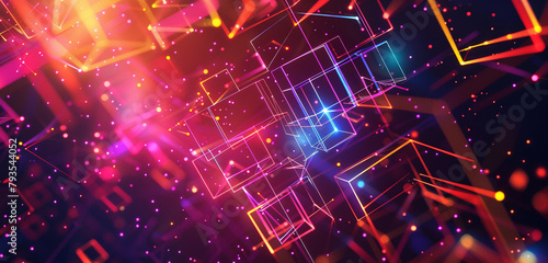 An abstract neon matrix, with low poly elements dynamically interacting to depict the speed of light communication