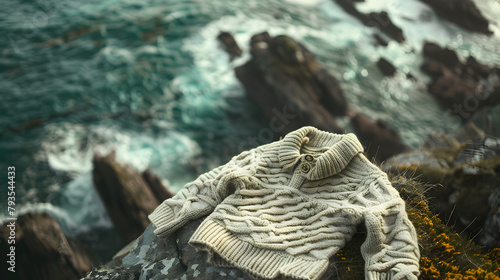 A white sweater is laying on a rock near the ocean. The sweater is knitted and has a cable knit pattern