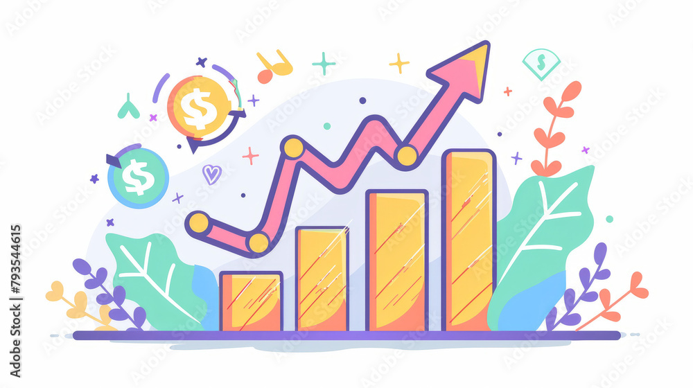 income salary rate increase. Finance performance of return on investment ROI concept with arrow. business profit growth margin revenue. cost sale icon. dollar symbol flat style vector illustration