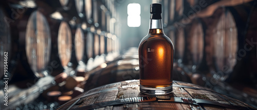 A bottle of whiskey is sitting on a wooden barrel