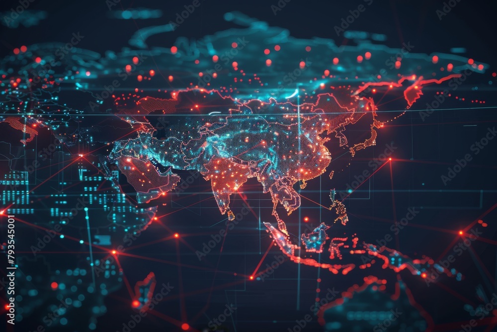 Fototapeta premium Digital Map of Asian Network Technology created with Generative AI