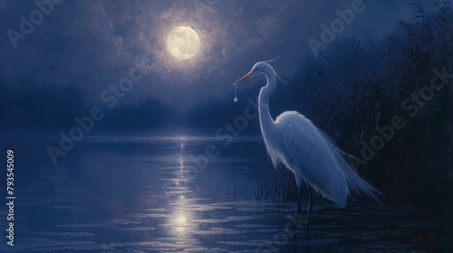Elegant egret in a satin gown, accessorized with pearl earrings, against a tranquil lake backdrop, lit with moonlit glow, emanating timeless elegance and grace photo