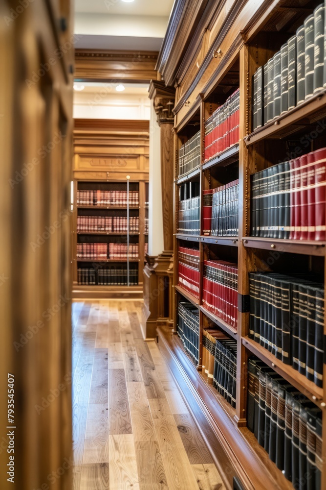 Professional Photography of a law firm's library filled with shelves of legal textbooks, reference materials, and historical case files, Generative AI