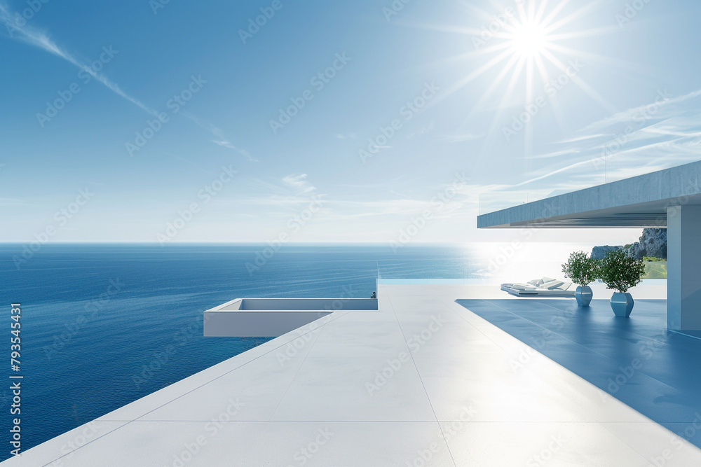 A modern coastal home with sleek white surfaces and stunning sea views, illuminated by the bright summer sun.