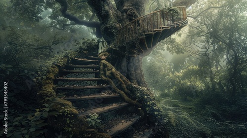 Spiral staircase winding around a large ancient tree in a forest photo