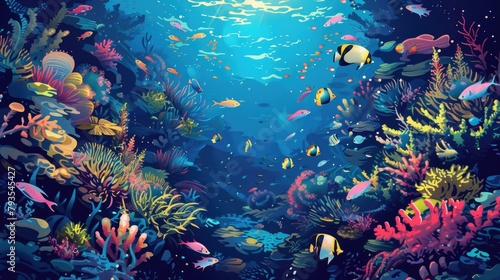 Underwater scene with coral reefs and tropical fish in vector style
